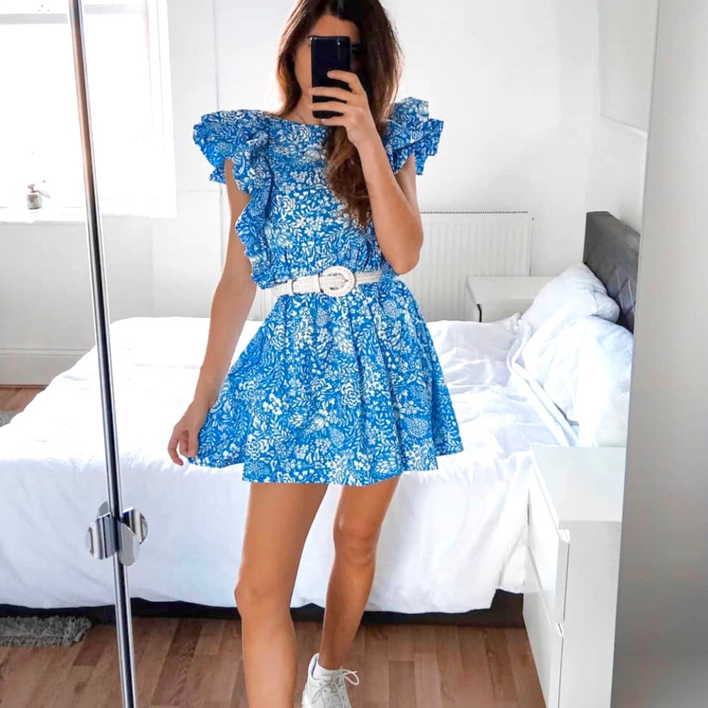 NWT 100% Cotton Zara Blue & White Floral Dress
